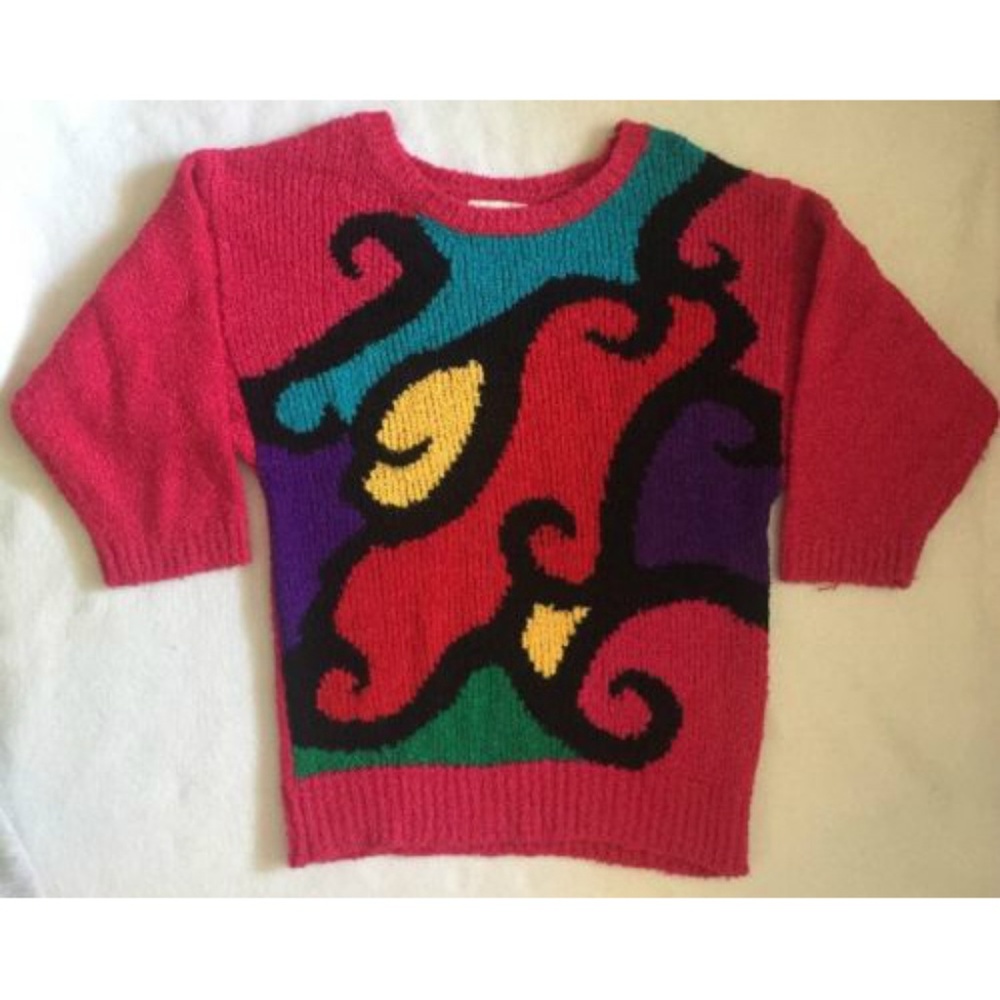 Vtg 90s M Sweater Pink Red Color Block Retro Rave
